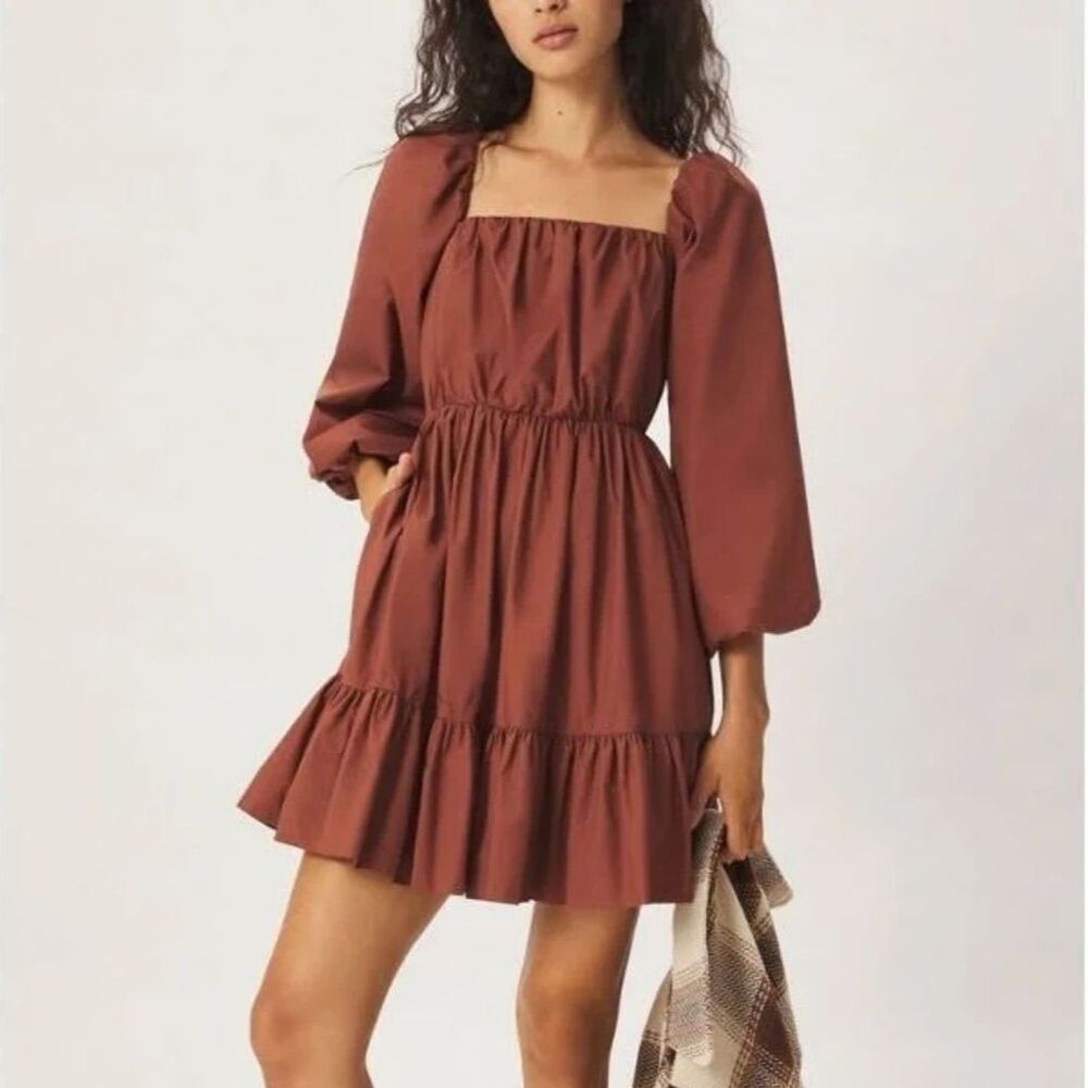 Mare Mare Anthropologie Maria Tunic Dress Cotton Brown Puff Sleeve Minimalist Sm